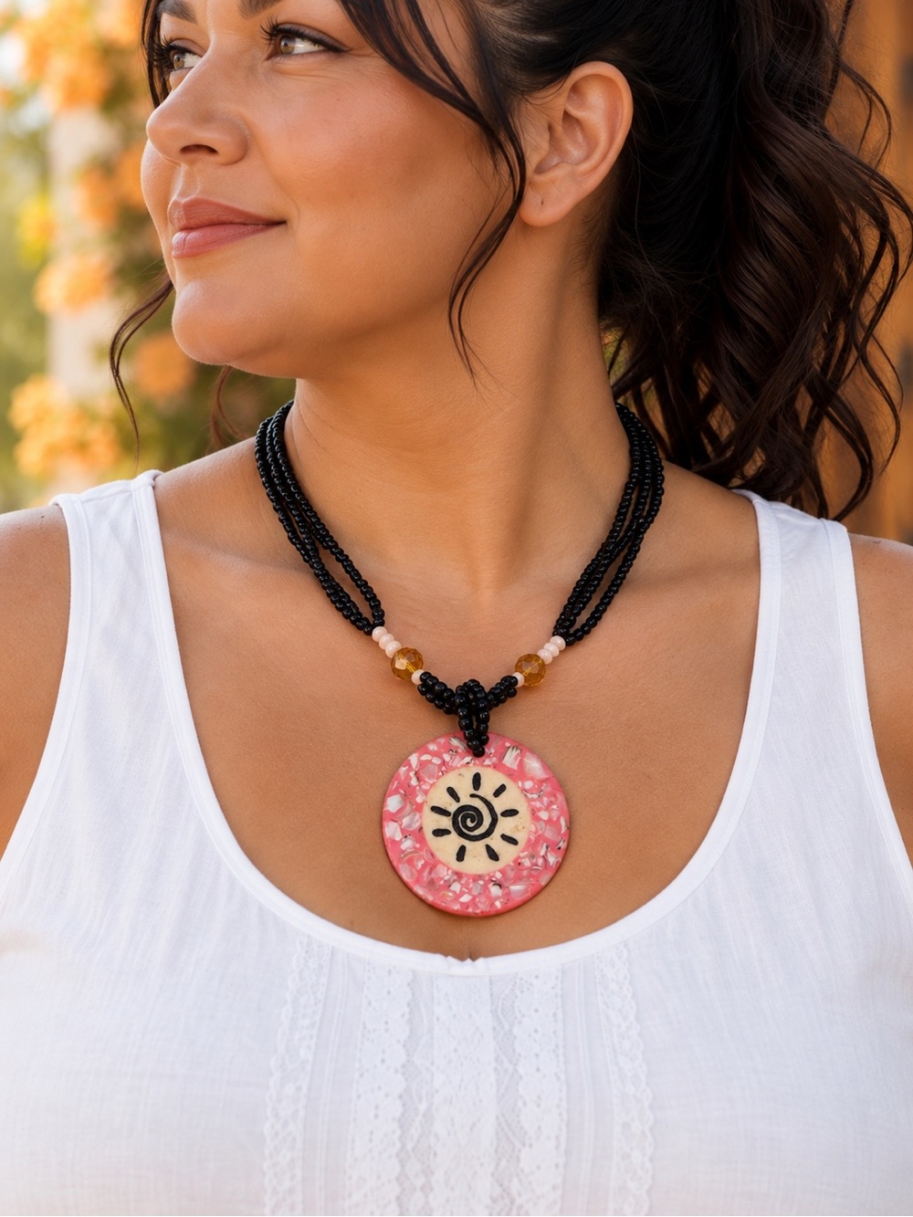 Black Beaded Statement Necklace Pink Sun Pendant Boho Artisan Style